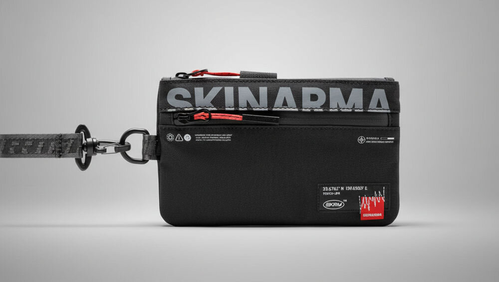 Torebka na telefon SKINARMA Fardel Czarny prezentacja torebki na szarym tle