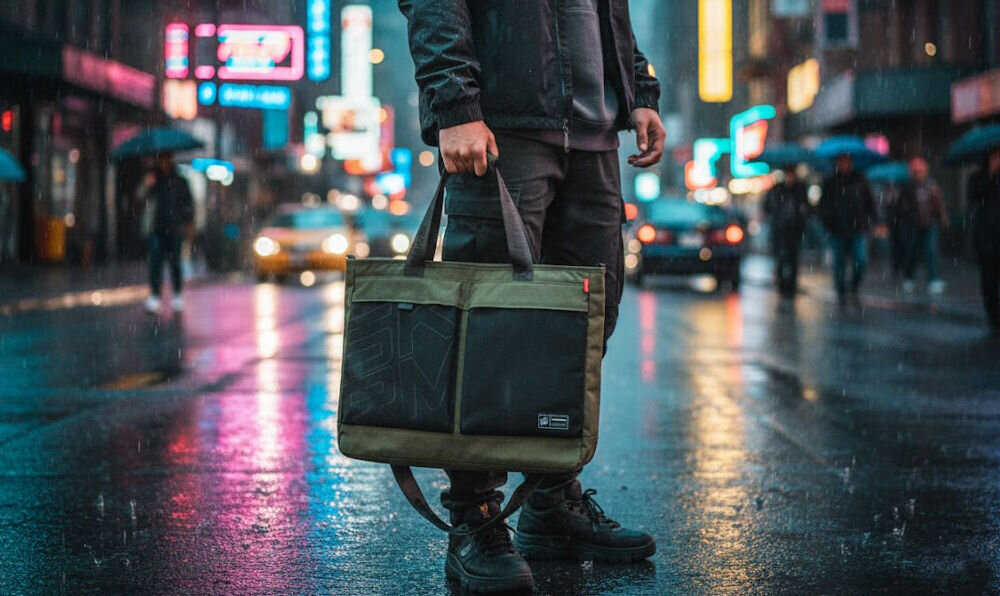 Torba SKINARMA Jager Oliwkowy prezentacja torby trzymanej w dłoni przez osobę w tle miejski deszczowy klimat