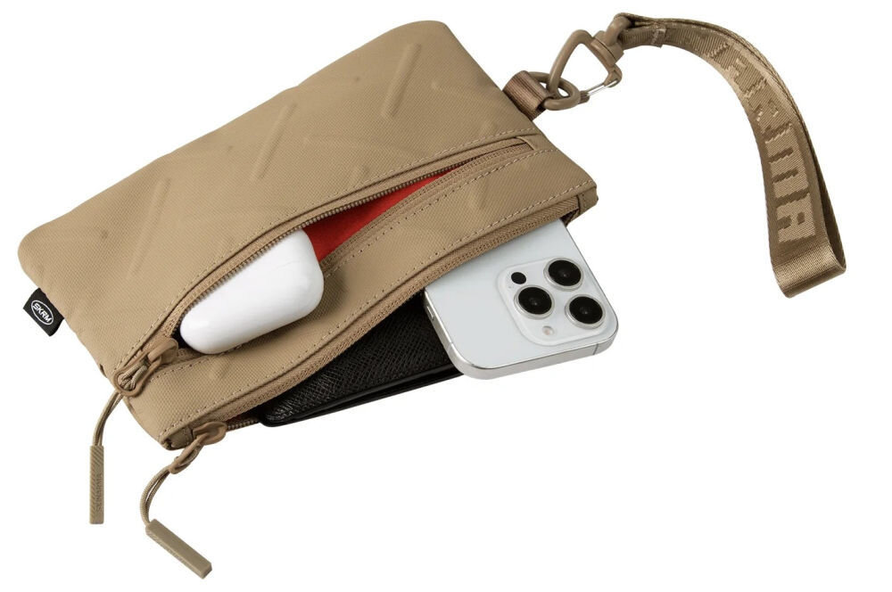 Torebka na telefon SKINARMA Juno Khaki prezentacja otwartej torebki na białym tle wygoda organizacja kieszenie kieszeń na suwak dwa paski w zestawie praktyczny karabińczyk
