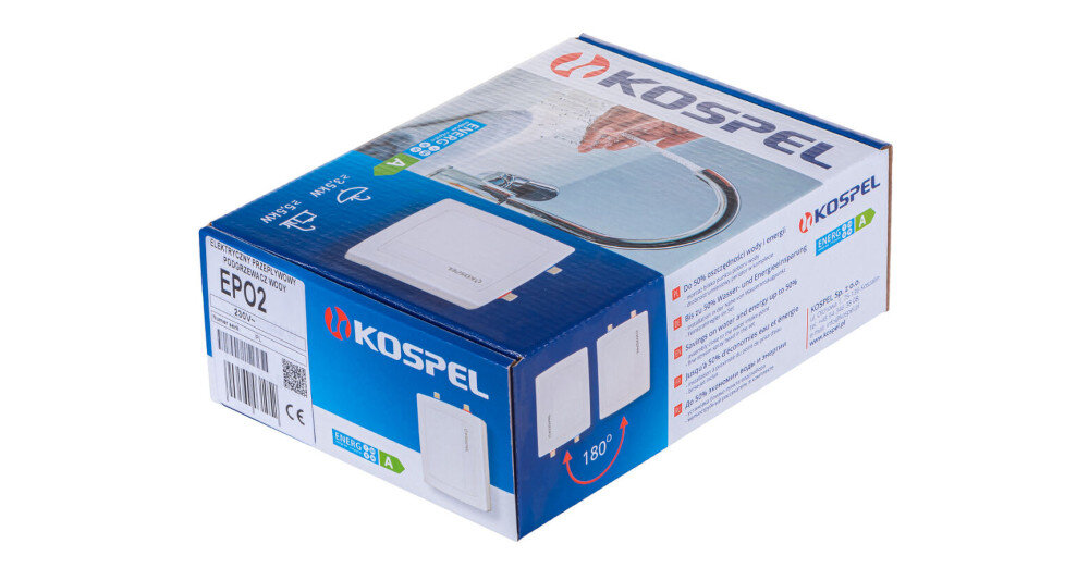 Na zdjęciu znajduje się pudełko z produktem marki KOSPEL, na którym widoczny jest przepływowy podgrzewacz wody oraz logo producenta. Na opakowaniu znajdują się także informacje techniczne i ilustracje produktu.