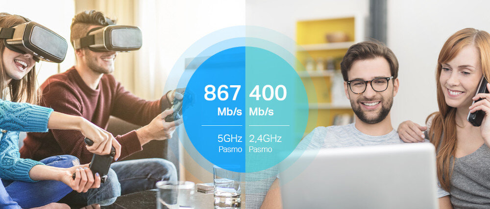 Obraz przedstawia dwie osoby z goglami VR i kontrolerami oraz dwie osoby z laptopem i telefonem. Na środku widoczna jest grafika z napisami: \'867 Mb/s 5GHz Pasmo\' oraz \'400 Mb/s 2,4GHz Pasmo\'.