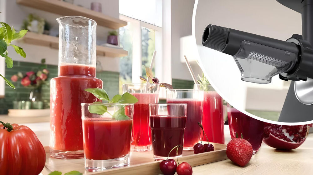 Maszynka do mięsa BOSCH MFWS682B przystawka do wyciskania soku sitko tło kuchenne czerwony sok w szklankach rozrzucone granaty truskawki wiśnie praktyczne akcesorium świeże soki montowane zamiast sitka ślimak do miażdżenia owoców sito oddziela sok od miąższu pomidory jabłka gruszki miękkie owoce jagodowe oszczędność miejsca łatwe czyszczenie funkcjonalność dla miłośników zdrowych soków