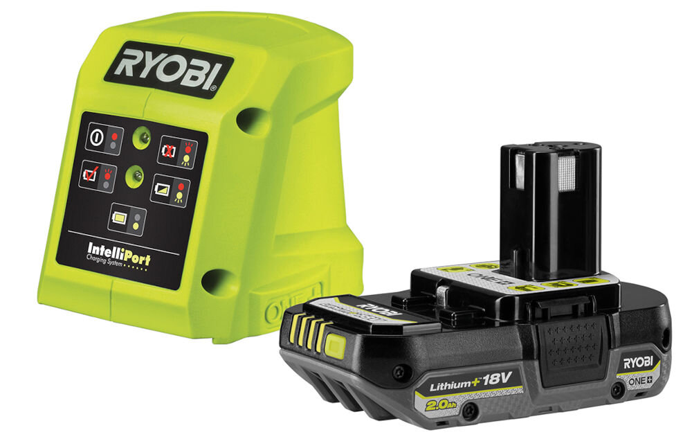 Akumulator RYOBI RC18115-120L 2.0Ah 18V + ładowarka, moc, zasilanie, akumulator, zestaw, Na białym tle zestaw akumulator i ładowarka stoją frontem prawo skos