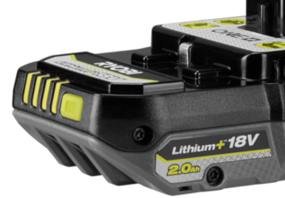 Akumulator RYOBI RC18115-120L 2.0Ah 18V + ładowarka, pojemność, masa, urządzenia, uniwersalność, Zbliżenie na przód akumulatora z opisem pojemności
