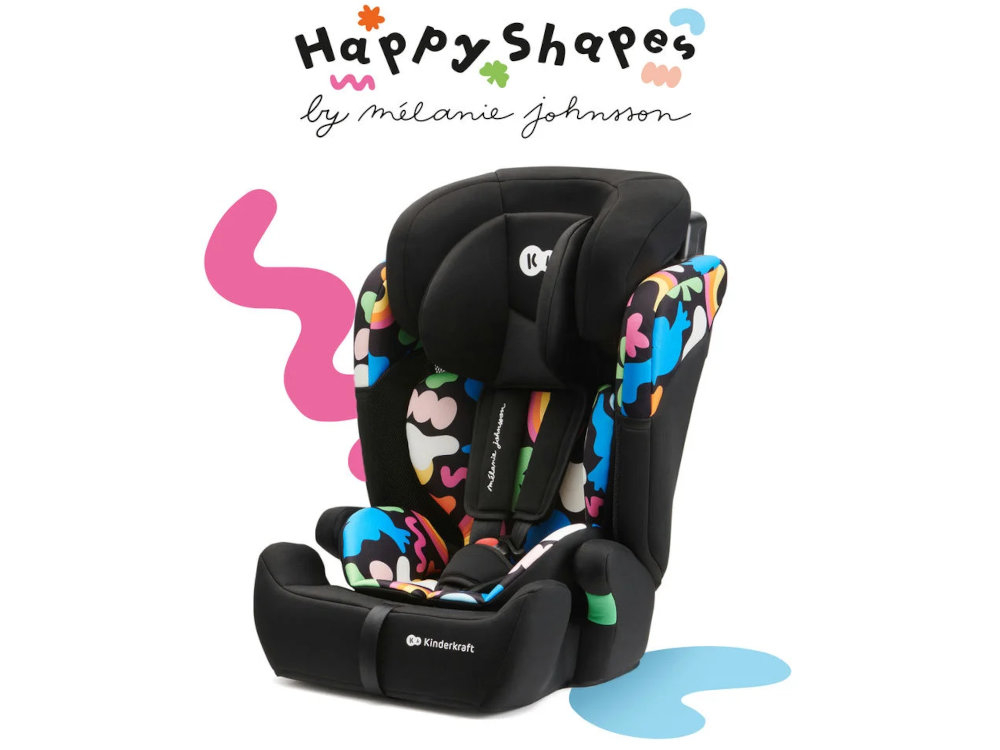Fotelik samochodowy KINDERKRAFT Comfort Up I-Size Happy Shapes kolekcja inspirowana pieknem natury funkcjoalnosc edukacja jasne kolory kontrastowe proste ksztalty stymuluje rozwoj poznawczy