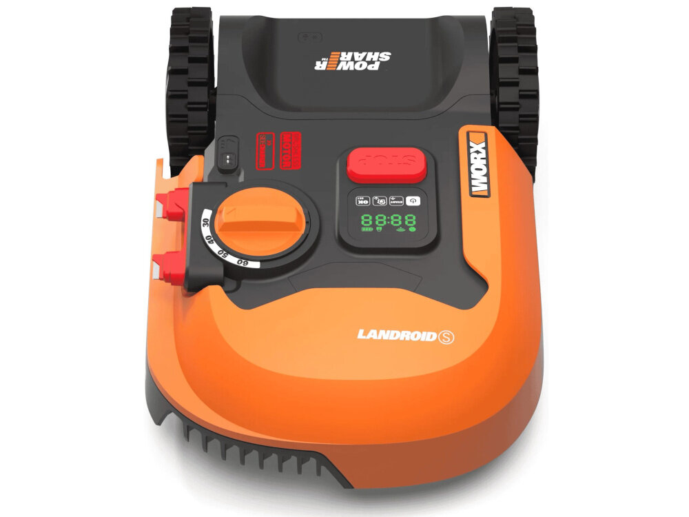 Robot koszący WORX Landroid S250 robot na białym tle widoczny z góry od przodu wbudowany akumulator 20 V o pojemności 2 Ah praca przez maksymalnie 80 minut robot automatycznie wraca do stacji dokującej czas ładowania około 115 minut obudowa z tworzywa polipropylenowego klasa szczelności IPX4 ochrona przed zachlapaniem i wilgocią