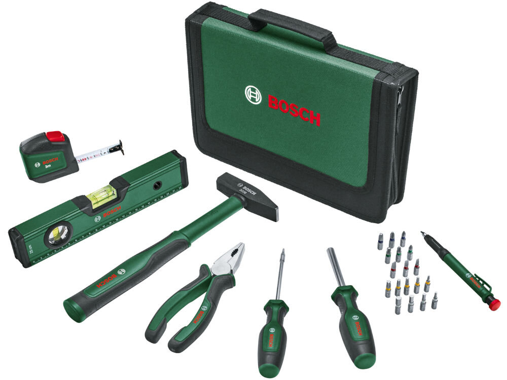 Zestaw narzędzi BOSCH 1600A0275J (25 elementów) zestaw narzędzi ręcznych zawartość, końcówki bitów, młotek, miarka