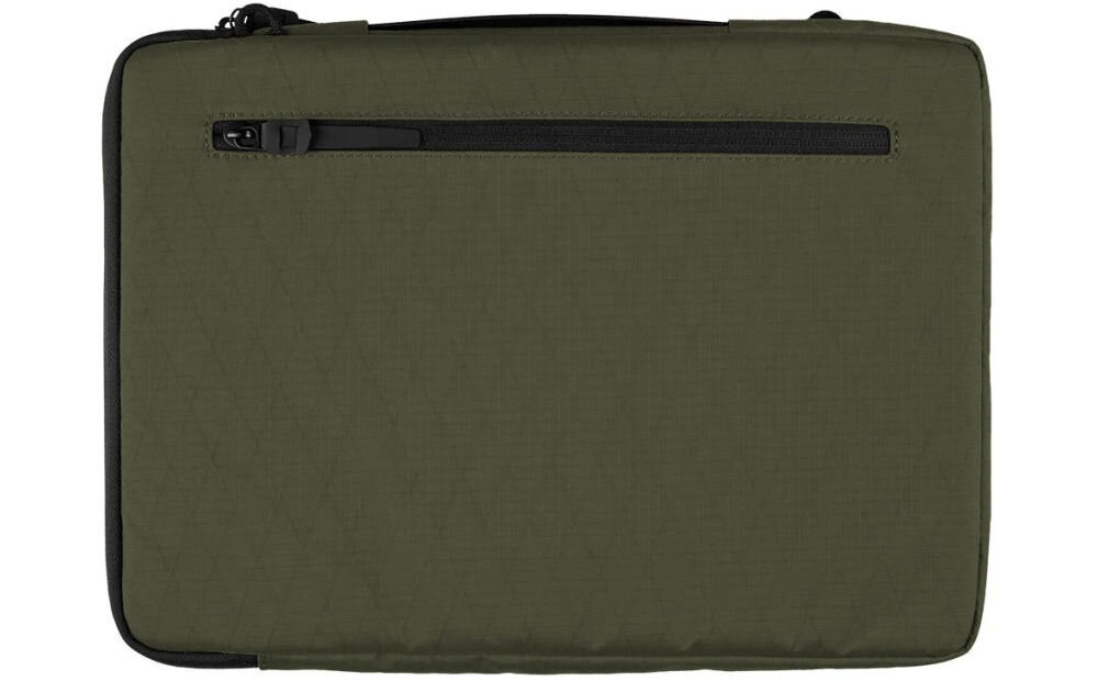 Torba na laptopa SKINARMA Jager 14 cali Oliwkowy prezentacja torby na białym tle kieszenie i uchwyt boczny przekątna mini pętelki styl funkcjonalność