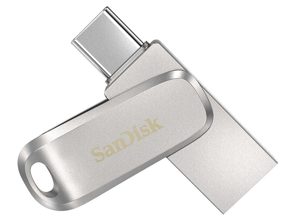 Srebrny pendrive z logo \'SanDisk\' na obudowie, posiadający złącze USB-C i USB 3.2 Gen. 1. Obudowa ma metaliczne wykończenie i otwór na smycz.