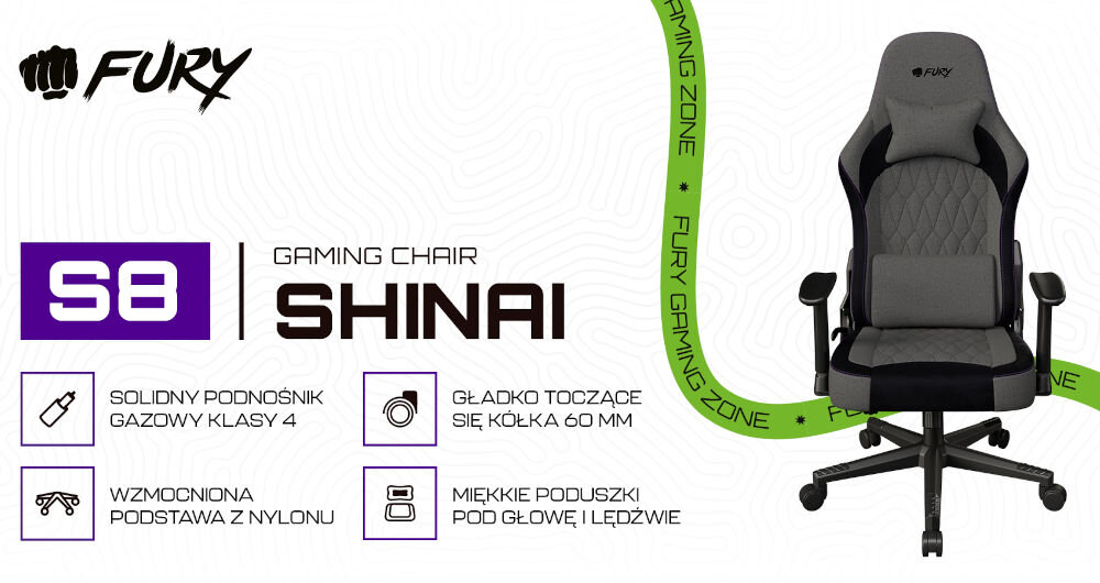 Fotel FURY Shinai S8 Szary prezentacja fotela od przodu na białym tle z geometrycznymi kształtami zielona wstęga z napisem fury gamiing zone napis marki w rogu poniżej wypisane cechy, fotel prawdziwego wojownika komfort miękkie poduszki przewiewny materiał regulowane podłokietniki płaskie siedzisko