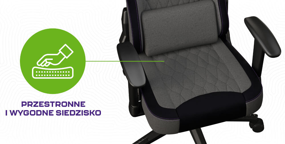 Fotel FURY Shinai S8 Szary zbliżenie na siedzisko fotela na białym tle z geometrycznymi kształtami ikona z napisem przestronne wygodne siedzisko bez wąskich wcięć wolność ruchu