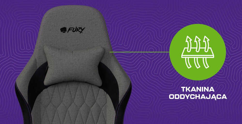 Fotel FURY Shinai S8 Szary zbliżenie na górną część fotela na fioletowym tle z geometrycznymi kształtami ikona z napisem tkanina oddychająca przewiewny materiał wytrzymały