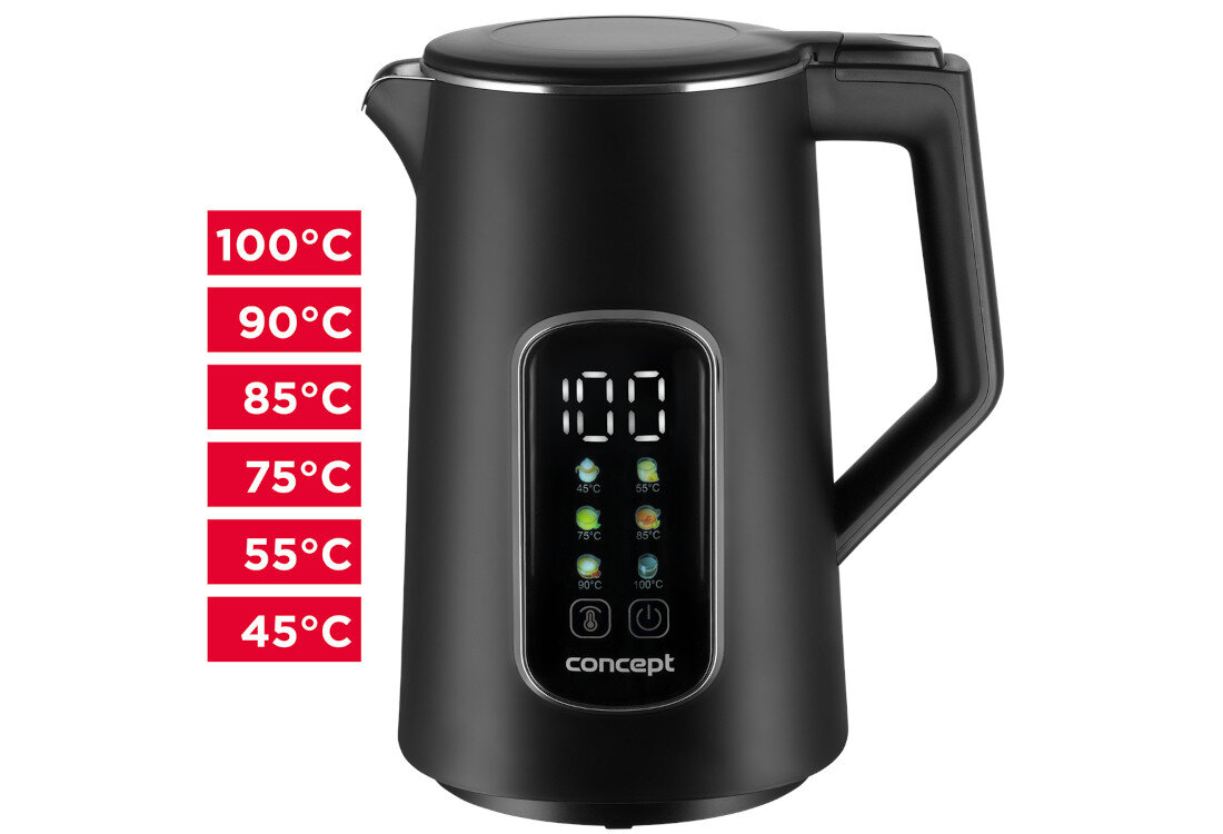 Czajnik CONCEPT RK3385 Czarny regulacja temperatury dopasowanie woda do różnych napojów i potraw zielona herbata kawa mleko modyfikowane wygoda wsparcie