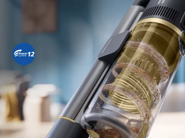 System Power Cyclone 12 skutecznie i energooszczędnie wciąga brud do zbiornika odkurzacza Philips.