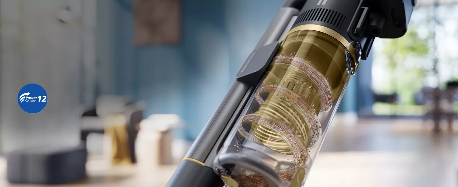 System Power Cyclone 12 skutecznie i energooszczędnie wciąga brud do zbiornika odkurzacza Philips.