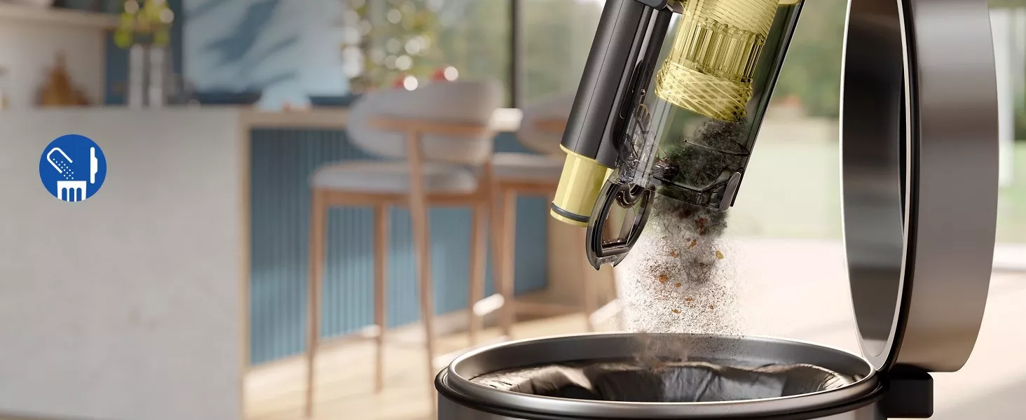 Zbiornik na kurz można opróżnić bezpośrednio do kosza na śmieci.