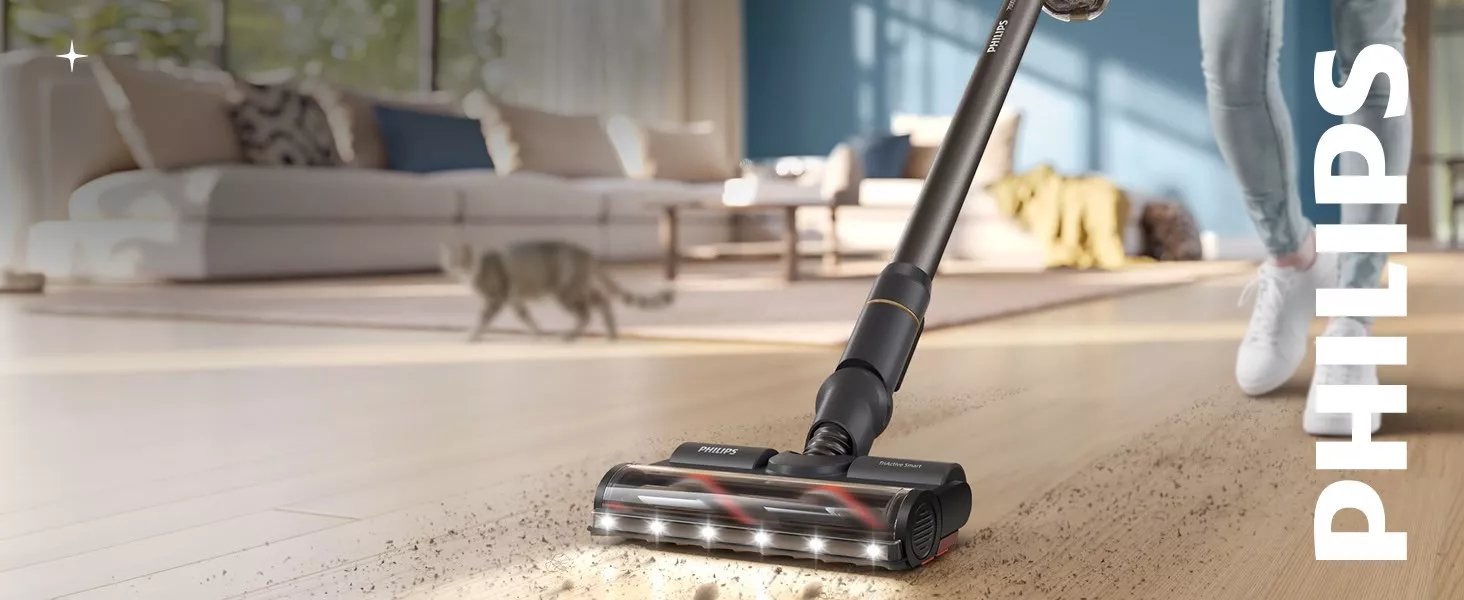 Odkurzacz bezprzewodowy Philips XC7167/01 dostępny w Media Expert wciąga zabrudzenia z twardej podłogi.