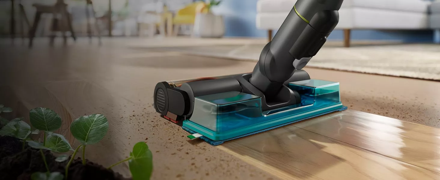 Odkurzacz bezprzewodowy Philips z modułem Aqua równocześnie zbiera kurz i mopuje podłogę.