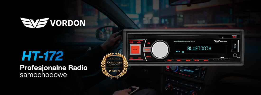 Mikrofon VORDON HT-172 radio samochodowe multimedia muzyka wysoka jakość dźwięku, radio od frontu na czarnym tle