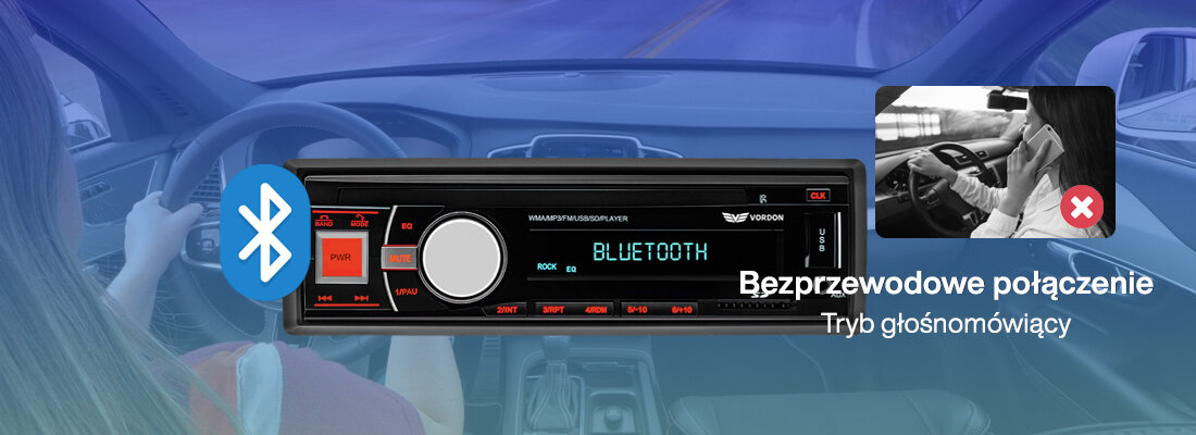 Mikrofon VORDON HT-172 radio Bluetooth 5.0 A2DP zestaw głośnomówiący, radio od frontu na tle wnętrza samochodu