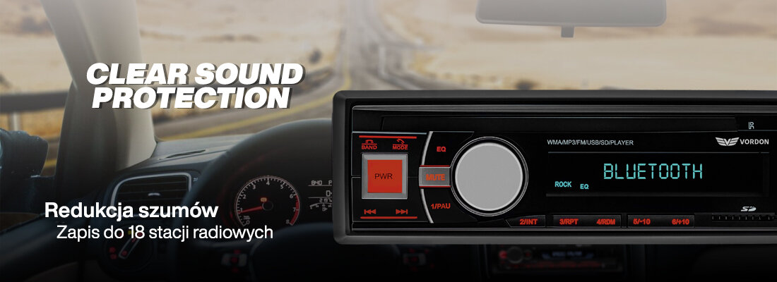 Mikrofon VORDON HT-172 radio FM AM pamięć 18 stacji wyświetlacz, radio od frontu na tle wnętrza samochodu