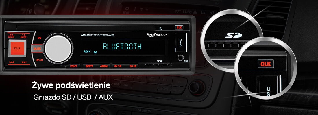 Mikrofon VORDON HT-172 radio USB SD AUX sterowanie z kierownicy, radio od frontu na tle wnętrza samochodu