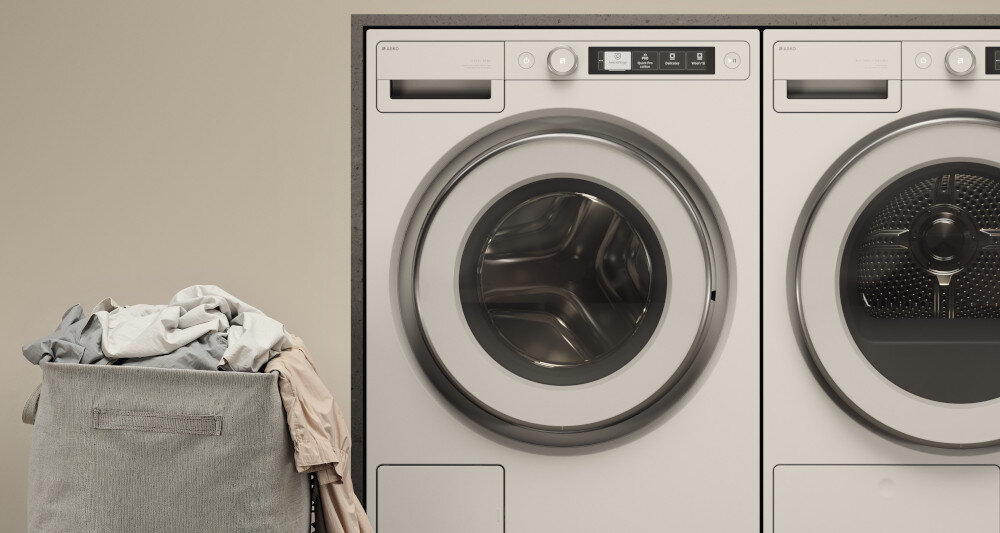 PRALKA ASKO W3096RW wizualizacja dwa urządzenia obok siebie kosz na pranie Sensi Save 2.0 automatyczne dopasowanie cyklu oszczędność wody oszczędność energii skuteczność prania ekologia oszczędność czasu