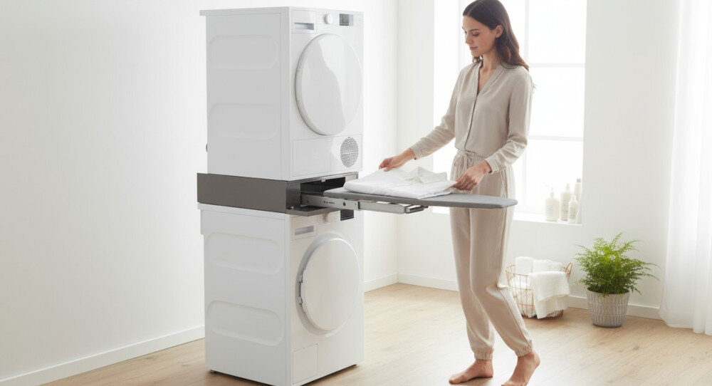 ŁĄCZNIK ASKO HI150T lifestyle dwa urządzenia łącznik pomiędzy pralka suszarka Bezpieczne połączenie kobieta pranie kosz