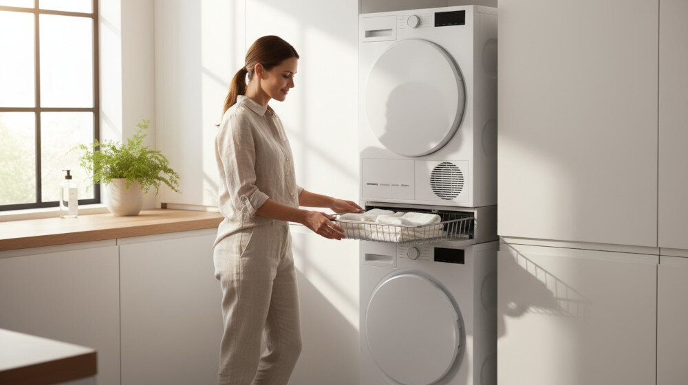 ŁĄCZNIK ASKO HB150W lifestyle dwa urządzenia łącznik pomiędzy pralka suszarka Bezpieczne połączenie kobieta pranie kosz