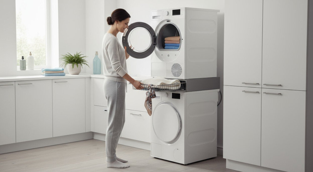 ŁĄCZNIK ASKO HB150T lifestyle dwa urządzenia łącznik pomiędzy pralka suszarka Bezpieczne połączenie kobieta pranie kosz