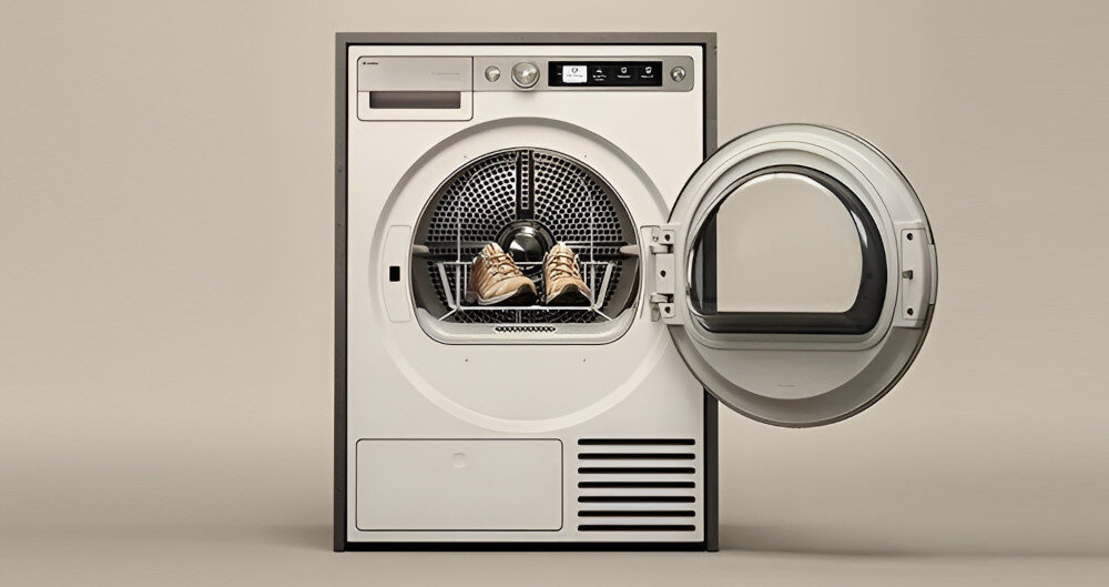 SUSZARKA ASKO T509HRT wizualizacja lifestyle front otwarte drzwiczki bęben wnętrze kosz w środku kosz suszenie buty wełna pluszaki poduszki ochrona kształtu struktury tkanin łatwy montaż miarka wysokości