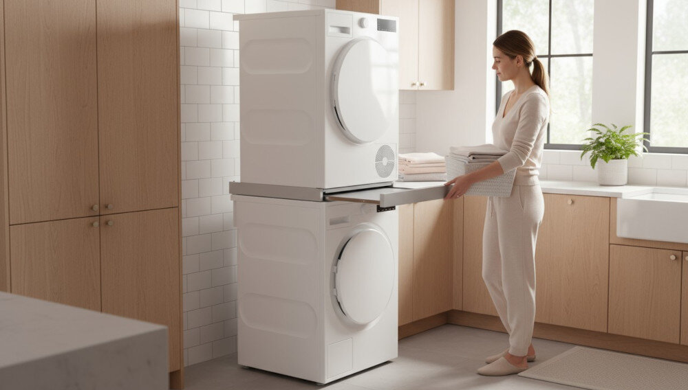 ŁĄCZNIK ASKO HS60W lifestyle dwa urządzenia łącznik pomiędzy pralka suszarka Bezpieczne połączenie kobieta pranie kosz