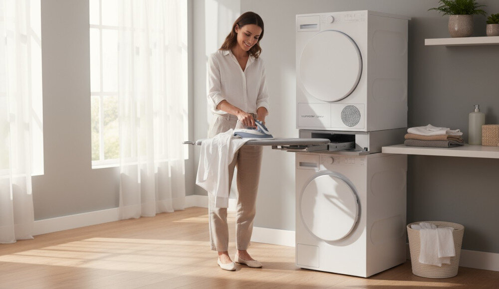 ŁĄCZNIK ASKO HI150W lifestyle dwa urządzenia łącznik pomiędzy pralka suszarka Bezpieczne połączenie kobieta pranie kosz