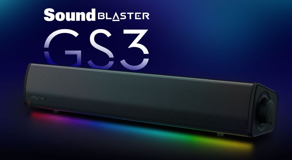 Soundbar komputerowy CREATIVE GS3 2.0 gamingowy kompaktowy dźwięk do stanowiska gracza, soundbar pod skosem na granatowym tle