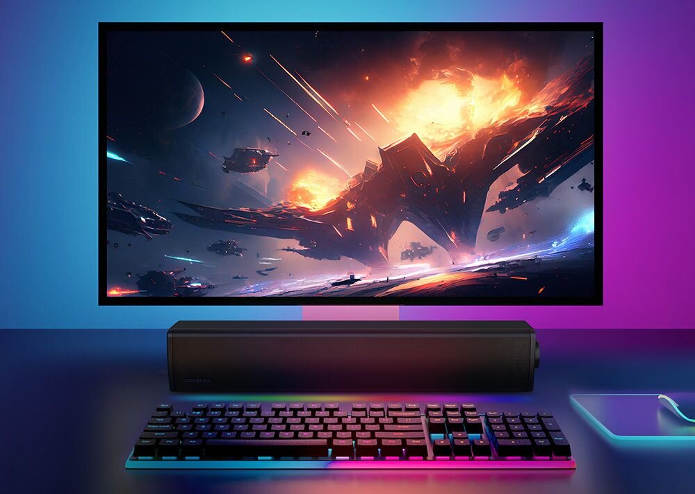 Soundbar komputerowy CREATIVE GS3 2.0 kompaktowa obudowa moc 24W port basowy do gier i filmów, soundbar stojący na blacie pod monitorem