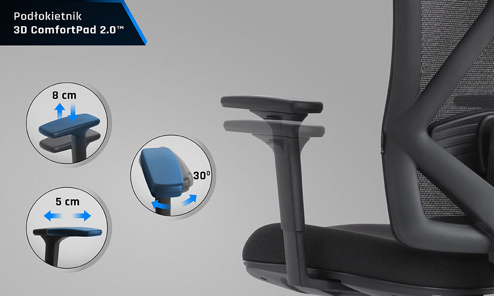 Fotel GAMVIS ErgoMaster XL Czarny pokazanie możliwej regulacji podłokietników na szarym tle zakres trzy płaszczyzny indywidualne dopasowanie ograniczenie napięcia w barkach i nadgarstkach wygoda