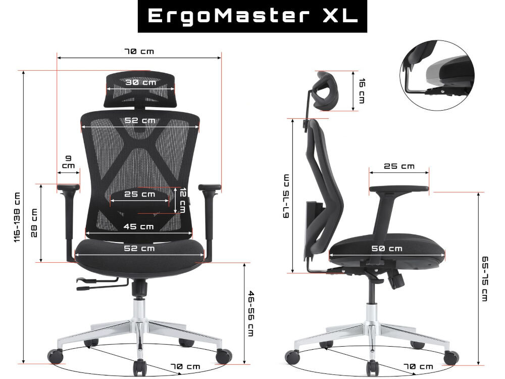 Fotel GAMVIS ErgoMaster XL Czarny prezentacja fotela od przodu i od boku na białym tle wymiary stabilność