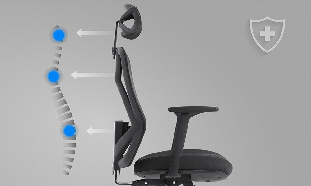 Fotel GAMVIS ErgoMaster XL Czarny prezentacja fotela na szarym tle od boku wizualizacja miejsc podparcia dla kręgosłupa Dyrektywa Unijna zdrowa postawa komfort ochrona kręgosłupa wygoda