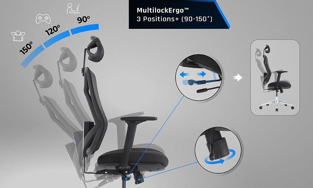 Fotel GAMVIS ErgoMaster XL Czarny prezentacja możliwego zakresu bujania fotela na szarym tle oraz pokazanie opcji blokowania w trzech pozycjach bez ryzyka upadku efektywna regeneracja komfort