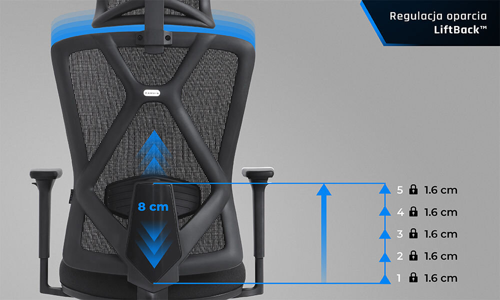 Fotel GAMVIS ErgoMaster XL Czarny prezentacja możliwego zakresu regulacji oparcia na szarym tle skok regulacji fotel od tyłu wygodna pozycja redukcja zmęczenia