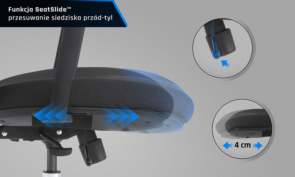 Fotel GAMVIS ErgoMaster XL Czarny prezentacja możliwego zakresu regulacji siedziska na szarym tle ograniczenie ucisku poprawa komfortu