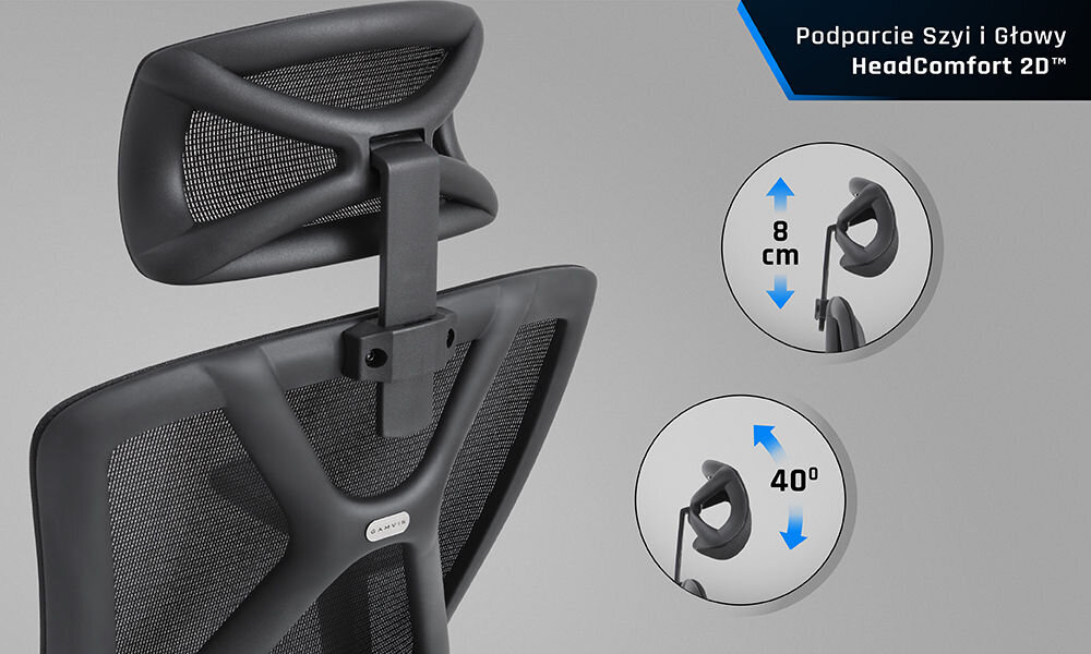 Fotel GAMVIS ErgoMaster XL Czarny zbliżenie na podparcie szyi i głowy obok pokazany zakres regulacji szare tło prawidłowa postawa komfort