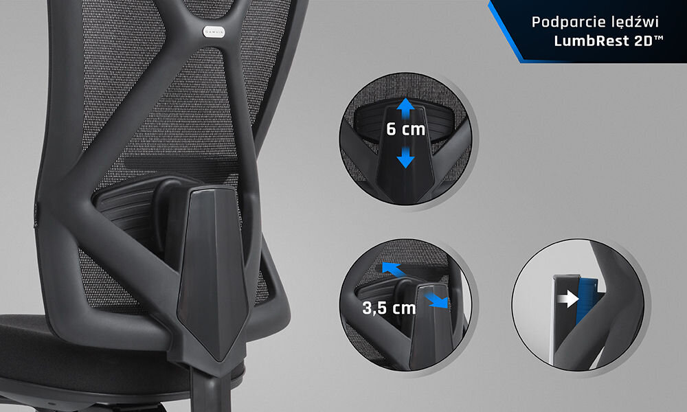 Fotel GAMVIS ErgoMaster XL Czarny zbliżenie na oparcie od tyłu pokazany zakres regulacji szare tło 2D LumbRest™ solidna konstrukcja miękkie materiały wysoki komfort redukcja ryzyka bólu pleców i zmęczenia