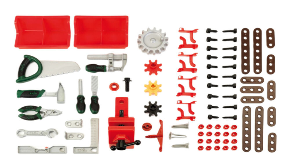 Zabawka warsztat KLEIN Bosch Mini 8710 wysoka jakość wykonania bogate wyposażenie młotek piła śrubokręt klucz poziomica rzeczywiste odpowiedniki stół roboczy z imadłem praktyczne schowki autentyczność prawdziwi fachowcy 
