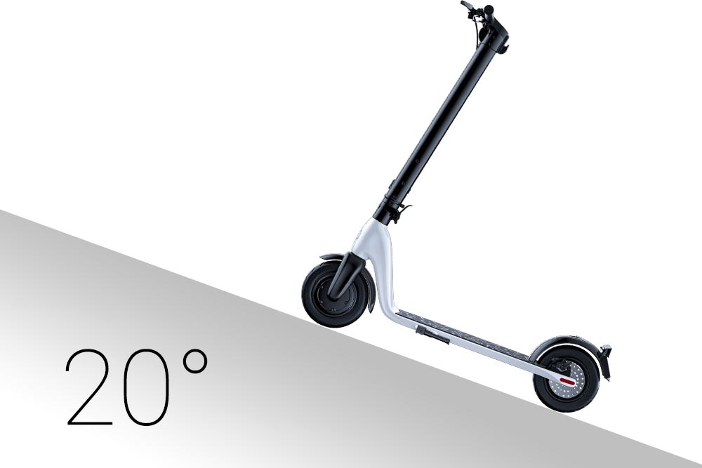 Hulajnoga elektryczna JIVR Scooter X Czarno-srebrny wzniesienia o nachyleniu terenu do 20 stopni