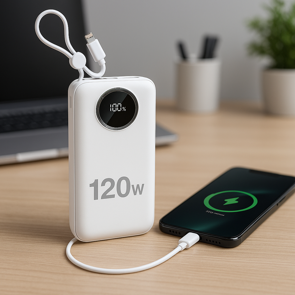 Na drewnianym biurku znajduje się biały powerbank z wyświetlaczem pokazującym \'100%\' oraz oznaczeniem \'120W\'. Obok leży smartfon podłączony do powerbanka kablem, z widoczną ikoną ładowania na ekranie.