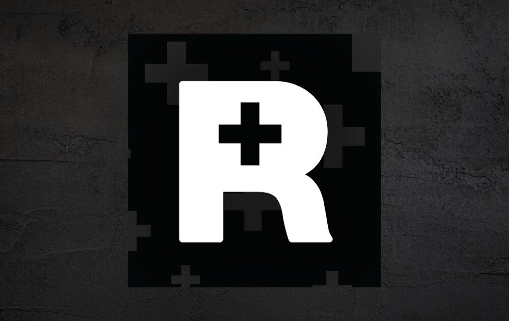 Dysk LACIE Rugged SSD4 Biała litera 'R' z symbolem plusa pośrodku na czarnym tle z delikatnym wzorem krzyży i betonową fakturą w tle, usługa, odzyskiwanie danych