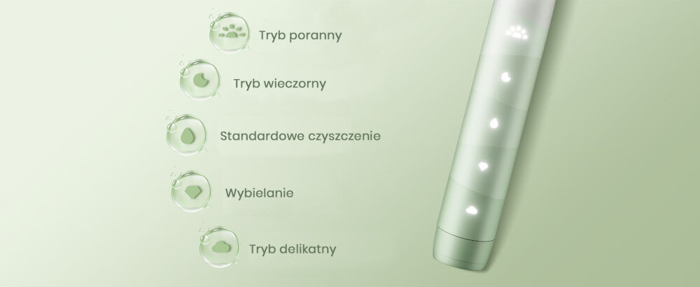 Obraz przedstawia zieloną szczoteczkę soniczną z pięcioma trybami: Tryb poranny, Tryb wieczorny, Standardowe czyszczenie, Wybielanie, Tryb delikatny.