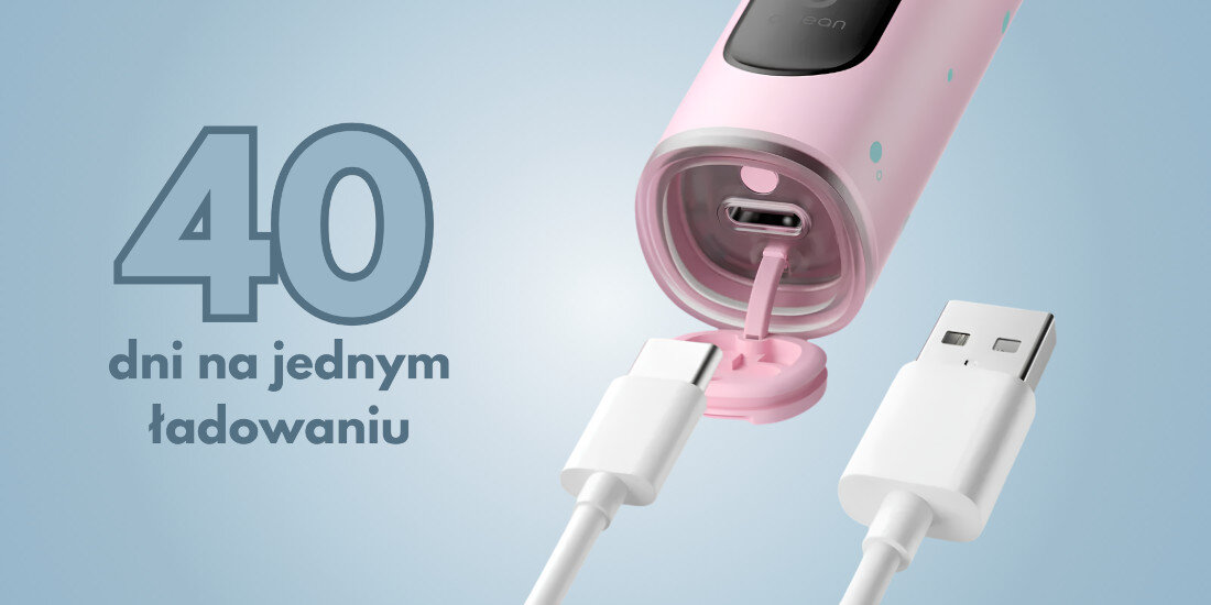 Obraz przedstawia różową szczoteczkę soniczną z widocznym portem ładowania oraz podłączonym kablem USB. Obok znajduje się tekst: \'40 dni na jednym ładowaniu\'.
