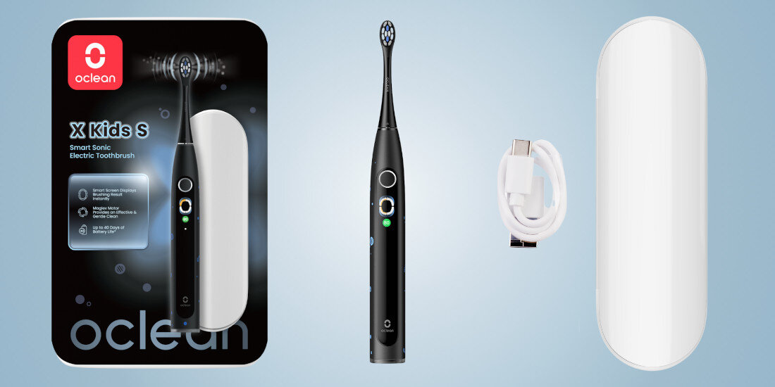 Obraz przedstawia czarną szczoteczkę soniczną z wyświetlaczem, białe etui oraz kabel USB. Na opakowaniu widnieje logo \'oclean\' oraz napis \'X Kids S Smart Sonic Electric Toothbrush\'.